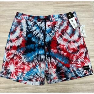 Hurley Mens Tie Dye Swim Trunks Red White Blue 4-Way Stretch Board Shorts Large